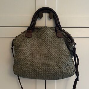 HENRY BEGUELIN WASHED GREEN WOVEN LEATHER SATCHEL -
